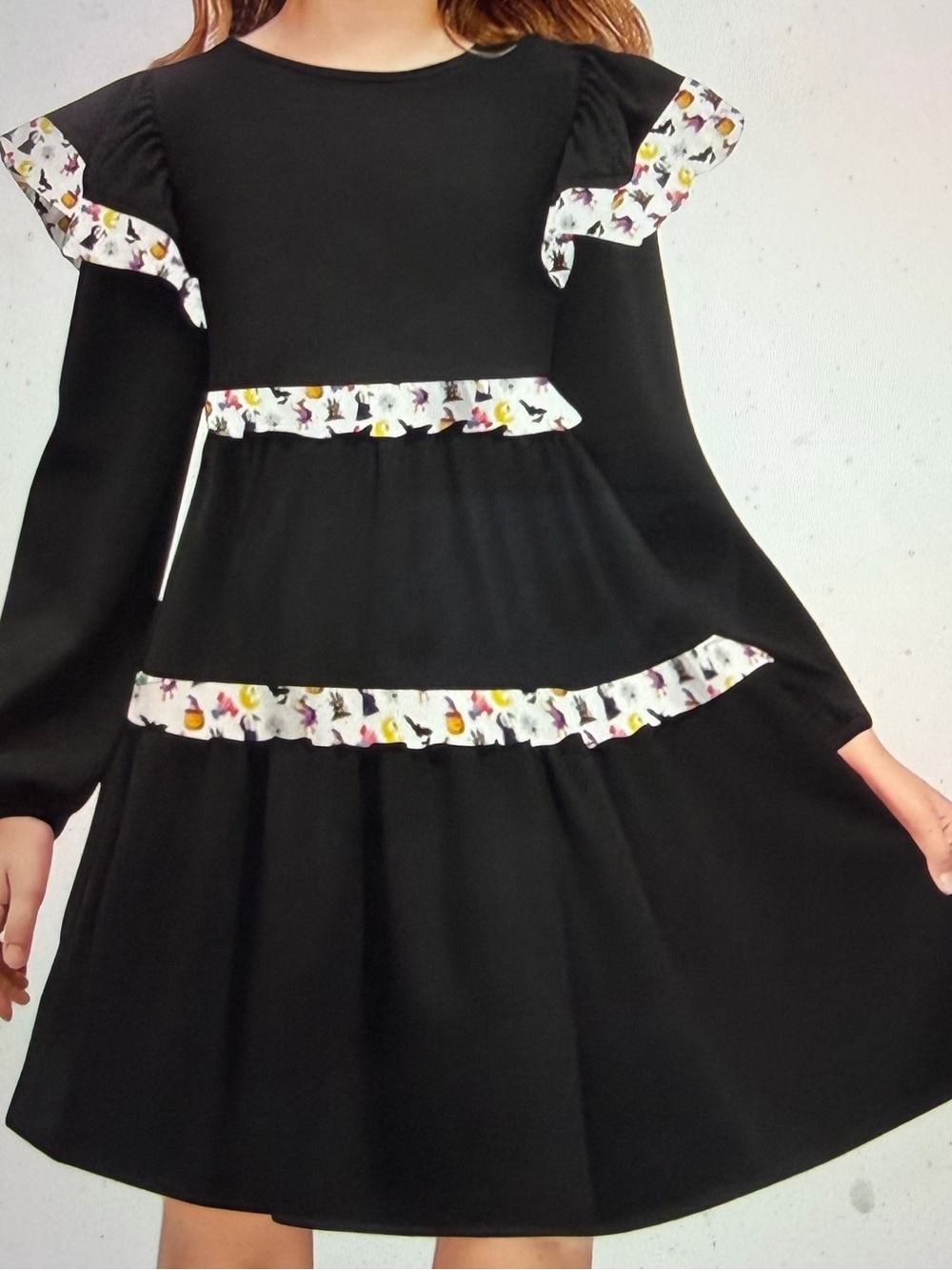 Girls' Black Ruffle Dress with Printed Halloween Trim- NWOT- Size 7/8 ( 130)